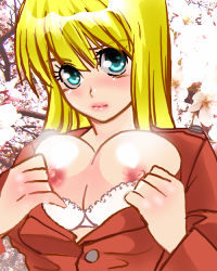 Rule 34 | 1girl, akimoto katherine reiko, aqua eyes, artist request, blonde hair, blush, bra, bra pull, breasts, cherry blossoms, cleavage, clothes pull, green eyes, kochikame, large breasts, lingerie, long hair, looking at viewer, nipples, outdoors, photo background, solo, tree, underwear