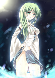 Rule 34 | 1girl, absurdres, amane ruri, breasts, cleavage, clothes lift, detached sleeves, female focus, frog, green eyes, green hair, hair ornament, highres, kochiya sanae, long hair, matching hair/eyes, md5 mismatch, resolution mismatch, skirt, skirt lift, snake, solo, source smaller, thighs, touhou, type (artist), water