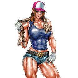 Rule 34 | 1girl, abs, belt, belt buckle, biceps, blush, breasts, buckle, commentary, eyelashes, gloves, grey eyes, hat, highres, jewelry, kerchief, large breasts, light brown hair, lips, lipstick, looking at viewer, makeup, muscular, muscular female, necklace, original, pectorals, shorts, simple background, sleeveless, solo, standing, sweat, sweatdrop, tabe koji, tank top, thick thighs, thighs, white background, yumi hijikata