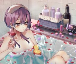 Rule 34 | 1girl, alcohol, artist name, basket, bathing, bathtub, bernadetta von varley, bottle, candle, cellphone, commentary, completely nude, cup, drinking glass, eine (eine dx), fire emblem, fire emblem: three houses, grey eyes, hair between eyes, highres, holding, holding cup, nintendo, nude, partially submerged, petals, petals on liquid, phone, purple hair, rubber duck, short hair, short hair with long locks, smartphone, soap bottle, solo, spotify, towel, towel on head, wine, wine bottle, wine glass
