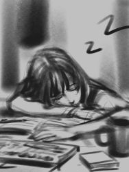 Rule 34 | 1girl, book, crossed arms, closed eyes, gohpot, greyscale, head rest, highres, monochrome, original, sketch, solo, zzz