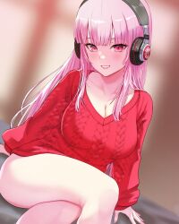 Rule 34 | 1girl, ar-khey, bare legs, blush, breasts, cleavage, crossed legs, headphones, highres, hololive, hololive english, large breasts, looking at viewer, mori calliope, nail polish, parted lips, pink hair, pink nails, red eyes, red sweater, sitting, smile, sweater, virtual youtuber