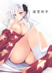 Rule 34 | 1girl, bad id, bad pixiv id, blush, breasts, feet, highres, idolmaster, idolmaster (classic), japanese clothes, kimono, large breasts, long hair, looking at viewer, new year, nipples, no shoes, off shoulder, red eyes, ruschuto, shijou takane, silver hair, socks, solo, thighs, toes, white socks