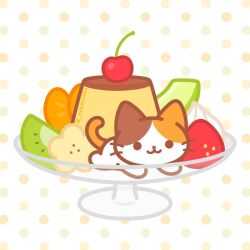 :3 animal animal_focus banana banana_slice calico cat cherry commentary cup cyberneko food fruit in_container in_cup kiwi_(fruit) kiwi_slice no_humans orange_(fruit) orange_slice original patterned_background polka_dot polka_dot_background pudding solid_circle_eyes solo star_(symbol) strawberry symbol-only_commentary tail undersized_animal whiskers