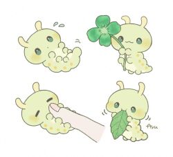 Rule 34 | 1other, :3, animal focus, ayu (mog), caterpillar, clover, eating, fingernails, flying sweatdrops, four-leaf clover, green theme, holding, holding leaf, leaf, lying, mixed-language commentary, on back, original, signature, simple background, smile, white background