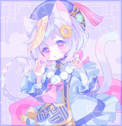 Rule 34 | animal ears, bandaged arm, bandaged hand, bandages, bead necklace, beads, black nails, braid, braided ponytail, cat ears, cat tail, chestnut mouth, cloud, coin hair ornament, dress, genshin impact, hair ornament, hands up, hat, jewelry, jiangshi, kemonomimi mode, long hair, long sleeves, looking at viewer, necklace, ofuda, ofuda on head, open mouth, purple background, purple dress, purple eyes, purple hair, purple hat, qingdai guanmao, qiqi (genshin impact), star (symbol), striped, striped background, tail, tassel, vision (genshin impact), zippo (3756c)
