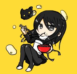 Rule 34 | 1girl, black eyes, black hair, botamon, digimon, eating, highres, kamishiro yuuko, simple background, yellow background