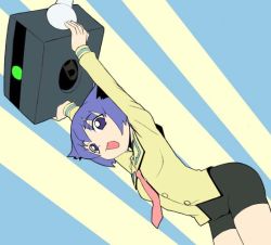 Rule 34 | 00s, 1girl, :d, abstract background, arms up, blue eyes, blue hair, buttons, carrying overhead, cowboy shot, dutch angle, long sleeves, looking at viewer, matching hair/eyes, necktie, open mouth, pani poni dash!, red necktie, serizawa akane, shirt, short hair, shorts, simple background, smile, solo, spandex, yellow shirt