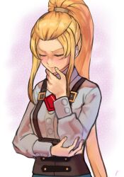Rule 34 | 1girl, blonde hair, closed eyes, closed mouth, collared shirt, fire emblem, fire emblem engage, high side ponytail, highres, jade (fire emblem), nintendo, official alternate costume, pensive, r123, shirt, sidelocks, solo, suspenders