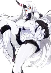Rule 34 | 10s, 1girl, abyssal ship, bad id, bad tumblr id, bare shoulders, breasts, dress, highres, horns, kantai collection, large breasts, long hair, pale skin, red eyes, ribbed dress, seaport princess, short dress, simple background, single horn, slugbox, solo, thick thighs, thighs, very long hair, white background, white hair