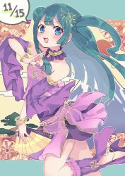 Rule 34 | 1girl, :d, bare shoulders, blue eyes, blunt bangs, blunt ends, blush, bracelet, collar, commentary request, detached collar, detached sleeves, folding fan, gold trim, green hair, hand fan, highres, holding, holding fan, idol clothes, jewelry, long hair, looking at viewer, marueri, open mouth, pretty series, pripara, purple collar, purple shirt, purple skirt, purple sleeves, shirt, skirt, smile, solo, speech bubble, tsukikawa chili, wide sleeves