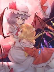 Rule 34 | 2girls, :d, bat wings, blonde hair, commentary request, eyes visible through hair, fang, flandre scarlet, frilled shirt collar, frilled skirt, frills, full moon, hat, highres, hug, long hair, medium hair, minust, mob cap, moon, multiple girls, open mouth, puffy short sleeves, puffy sleeves, purple hair, red eyes, red skirt, red vest, remilia scarlet, shirt, short sleeves, siblings, sisters, skirt, skirt set, sky, slit pupils, smile, star (sky), starry sky, touhou, vest, white shirt, wings, wrist cuffs