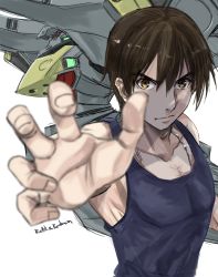 Rule 34 | brown eyes, brown hair, collarbone, extra eyes, hair behind ear, jun (rellik &amp; redrum), looking at viewer, male focus, mecha, muv-luv, muv-luv alternative, muv-luv alternative (anime), open hand, outstretched arm, red eyes, robot, shirogane takeru, v-shaped eyebrows, white background, xg 70d susanoo iv