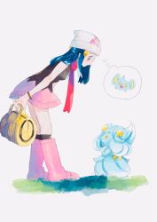 Rule 34 | 1girl, alcremie, alcremie (mint cream), alcremie (star sweet), bag, beanie, black legwear, blue hair, boots, bracelet, breasts, commentary request, creatures (company), dawn (pokemon), duffel bag, game freak, gen 4 pokemon, gen 8 pokemon, grass, hair ornament, hanenbo, hat, highres, holding, jewelry, leaning forward, long hair, looking down, nintendo, pink footwear, pokemon, pokemon (creature), pokemon dppt, red scarf, scarf, shinx, sidelocks, socks, standing, thought bubble, white headwear