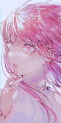 Rule 34 | 1girl, blue background, commentary request, crying, crying with eyes open, english text, hand up, highres, jewelry, lips, long hair, original, parted lips, pink eyes, pink hair, ring, shirt, simple background, solo, tears, tsukiiro, upper body, white shirt