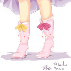 Rule 34 | 1girl, artist name, bobby socks, boots, bow, character name, close-up, dated, dress, feet, footwear focus, high heels, ichirino minagi, leg focus, legs, lower body, patchouli knowledge, pink footwear, shoes, signature, simple background, skirt, socks, solo, touhou, waist down, white background