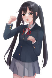 Rule 34 | 1girl, :o, black hair, blazer, blue jacket, brown eyes, commentary request, grey skirt, highres, jacket, k-on!, long hair, long sleeves, looking at viewer, nakano azusa, nyagonya21, open mouth, paw pose, pleated skirt, red ribbon, ribbon, sakuragaoka high school uniform, school uniform, shirt, simple background, skirt, solo, standing, sweatdrop, twintails, white background, white shirt
