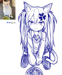 Rule 34 | 1girl, absurdres, anger vein, angry, animal ears, artist logo, artist name, blush, bowl, cat ears, cat girl, cat tail, collared shirt, commentary, dot nose, food, frown, hair between eyes, highres, kneeling, long hair, looking at viewer, nisp art, original, pen (medium), pleated skirt, reference inset, russian commentary, shirt, skirt, sleeves past fingers, sleeves past wrists, solo, sweater, tail, two side up, v-shaped eyebrows
