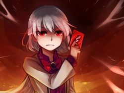 Rule 34 | 1girl, bow, braid, brooch, card, closed mouth, dress, feathered wings, fiery background, fire, french braid, jacket, jewelry, kishin sagume, looking at viewer, open clothes, open jacket, purple dress, red bow, red eyes, short hair, single wing, solo, speckticuls, standing, suit jacket, touhou, uno (game), upper body, white hair, white wings, wings
