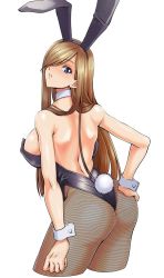 Rule 34 | 00s, 1girl, alternate costume, animal ears, ass, back, backless leotard, bad id, bad twitter id, bare shoulders, blue eyes, blush, breasts, brown hair, covered erect nipples, cowboy shot, cropped legs, detached collar, fake animal ears, fishnet pantyhose, fishnets, hair over one eye, hairband, hand on own ass, large breasts, leotard, long hair, looking at viewer, pantyhose, parted lips, playboy bunny, rabbit ears, rabbit tail, sidelocks, solo, syunzou, tail, tales of (series), tales of the abyss, tear grants, very long hair, white background, wrist cuffs