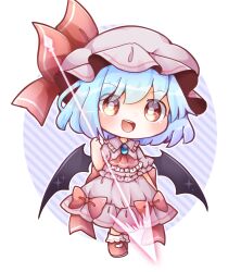 Rule 34 | 1girl, ascot, bat wings, black wings, blue brooch, blue hair, blush, bobby socks, brooch, chibi, collared shirt, frilled ascot, frilled shirt collar, frills, full body, hat, holding, holding polearm, holding weapon, jewelry, kokochi, looking at viewer, mary janes, mob cap, open mouth, pink hat, pink shirt, pink skirt, polearm, red ascot, red eyes, red footwear, remilia scarlet, shirt, shoes, simple background, skirt, socks, solo, spear the gungnir, teeth, touhou, upper teeth only, weapon, white background, white socks, wings
