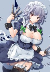 Rule 34 | 1girl, braid, breasts, cleavage, closed mouth, covered erect nipples, cowboy shot, garter straps, grey hair, holding, holding knife, izayoi sakuya, jyaoh0731, knife, large breasts, looking at viewer, maid, maid headdress, medium hair, puffy short sleeves, puffy sleeves, red eyes, roman numeral, short sleeves, side braids, solo, standing, thighhighs, touhou, twin braids, wrist cuffs, zettai ryouiki