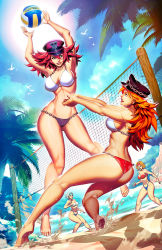 Rule 34 | 4girls, ass, ball, barefoot, beach, beach volleyball, bikini, blonde hair, breasts, capcom, chain, cleavage, commentary, day, dutch angle, eliza (final fight), english commentary, final fight, final fight 2, genzoman, hat, headband, highleg, highleg bikini, highres, jumping, large breasts, long hair, long legs, mary (final fight), mismatched bikini, multiple girls, navel, o-ring, o-ring bikini, ocean, orange hair, peaked cap, pink hair, playing sports, poison (final fight), red bikini, roxy (final fight), sand, short hair, street fighter, swimsuit, thighs, toes, toned, volleyball, volleyball (object), volleyball net, white bikini, white hair