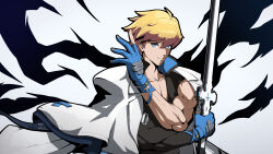 Rule 34 | 1boy, absurdres, blonde hair, blue eyes, blue gloves, electricity, fingerless gloves, gloves, guilty gear, guilty gear strive, hair between eyes, highres, jacket, jacket on shoulders, ky kiske, looking at viewer, male focus, partially fingerless gloves, pectoral cleavage, pectorals, short hair, simple background, smile, thunderseal, white jacket, yzbr