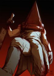 Rule 34 | 1boy, bara, blood, blood on clothes, bulge, dead by daylight, feet out of frame, foreshortening, from below, gradient background, helmet, highres, horror (theme), huge pectorals, legs apart, male focus, morebird, muscular, muscular male, outstretched leg, pyramid head, silent hill (series), silent hill 2, simple background, solo, sword, thick thighs, thighs, weapon