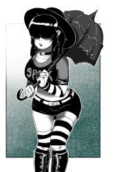 Rule 34 | 1girl, belt, black lips, boots, breasts, choker, goth fashion, gothic, hat, highres, lipstick, lucy loud, makeup, aged up, skirt, solo, the loud house, thighhighs, umbrella