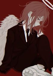 Rule 34 | 1boy, angel devil (chainsaw man), angel wings, black jacket, black necktie, black pants, chainsaw man, expressionless, formal, halo, highres, jacket, medium hair, messy hair, necktie, pants, red background, red hair, simple background, sitting, solo, suit, white wings, wings, woruworu 61