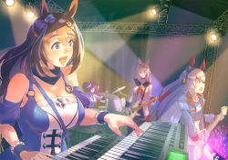 Rule 34 | 4girls, animal ears, band, bass guitar, blue bow, blue dress, blue eyes, blue hairband, blue jacket, blue skirt, blue sleeves, blush, bow, braid, breasts, brown hair, cleavage, closed mouth, commentary request, detached sleeves, dress, drum, drum set, ear covers, electric guitar, fox mask, grey hair, guitar, hair between eyes, hair bow, hairband, highres, holding, holding instrument, horse ears, horse girl, inari one (umamusume), instrument, jacket, keyboard (instrument), large breasts, lightning bolt symbol, long hair, mask, mask on head, midriff, multiple girls, music, navel, oguri cap (umamusume), open mouth, playing instrument, puffy short sleeves, puffy sleeves, reihou19, school uniform, serafuku, shirt, short sleeves, skirt, smile, stage, stage lights, super creek (umamusume), tamamo cross (umamusume), twintails, umamusume, upper body, very long hair, white hair, white jacket, white shirt