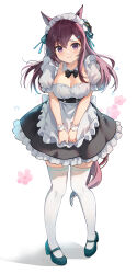 Rule 34 | 1girl, alternate costume, animal ears, apron, black hair, blush, breasts, cleavage, closed mouth, collarbone, commentary request, enmaided, full body, hair between eyes, hair ornament, highres, horse ears, horse tail, kita (kitairoha), long hair, looking at viewer, maid, maid headdress, medium breasts, mejiro dober (umamusume), purple eyes, ribbon, shoes, simple background, solo, standing, tail, umamusume, white background