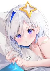 Rule 34 | 1girl, absurdres, amane kanata, bed, blue hair, camisole, collarbone, colored inner hair, eme (emeralda), grey hair, highres, hololive, looking at viewer, lying, multicolored hair, on bed, on side, pillow, pout, purple eyes, shirt tug, sleepwear, solo, strap slip, upper body, virtual youtuber, white camisole