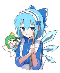 Rule 34 | 2girls, absurdres, alternate costume, ascot, blood, blue bow, blue eyes, blue hair, blue skirt, blue vest, blush, bow, cirno, daiyousei, enmaided, fairy, fairy wings, green hair, grin, hair between eyes, hair bow, highres, ice, ice wings, jersey, jersey maid, long hair, looking at viewer, maid, maid headdress, miz (mizillustration), multiple girls, nosebleed, short hair, side ponytail, simple background, skirt, smile, touhou, unconventional maid, vest, white background, wings, yellow ascot