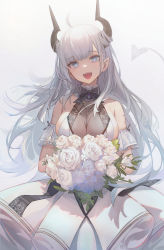 Rule 34 | 1girl, :d, ahoge, bare shoulders, blue eyes, bouquet, bow, bowtie, breasts, cleavage, collarbone, copyright request, demon girl, dress, fang, flower, halter dress, halterneck, highres, holding, holding bouquet, horns, large breasts, long hair, nekojira, open mouth, pink flower, pink rose, pointy ears, rose, see-through, smile, solo, teeth, thea (nekojira), upper teeth only, wedding dress, white dress, white flower, white hair, white rose