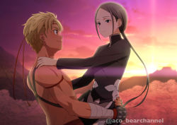 Rule 34 | 1boy, 1girl, absurdres, aco (bearchannel), backlighting, black shirt, blonde hair, brown eyes, brown hair, carrying, closed mouth, couple, day, eye contact, floating hair, hand on another&#039;s shoulder, hetero, highres, iskahn (sao), long hair, long sleeves, looking at another, low ponytail, outdoors, sheyta (sao), shirt, short hair, smile, sword art online, twitter username, very long hair, watermark
