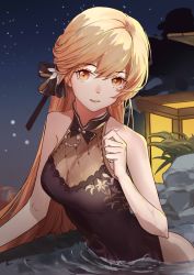 Rule 34 | 1girl, black ribbon, blonde hair, china dress, chinese clothes, dress, girls&#039; frontline, hair ribbon, long hair, looking at viewer, night, official alternate costume, open mouth, ots-14 (girls&#039; frontline), ots-14 (sangria succulent) (girls&#039; frontline), partially submerged, ribbon, sao7, sky, sleeveless, sleeveless dress, star (sky), starry sky, upper body, yellow eyes