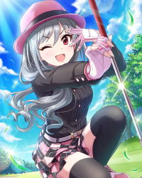Rule 34 | 10s, 1girl, alternate hairstyle, artist request, belt, black thighhighs, blue sky, blush, card (medium), checkered clothes, checkered skirt, cloud, curly hair, day, eyelashes, fingerless gloves, gloves, golf club, grey hair, hair down, hat, idolmaster, idolmaster cinderella girls, kanzaki ranko, long hair, looking at viewer, official art, one eye closed, open mouth, outdoors, skirt, sky, smile, solo, sunlight, thighhighs, tree, wind, zettai ryouiki