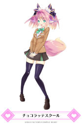 Rule 34 | 1girl, alternate costume, animal ears, bare shoulders, black skirt, blazer, blouse, blue thighhighs, bow, bowtie, breasts, collared shirt, fang, fingernails, full body, genkai tokki moero chronicle, green bow, green bowtie, green eyes, highres, jacket, legs apart, lilia (genkai tokki moero chronicle), long fingernails, looking at viewer, miniskirt, nail polish, own hands together, parted bangs, pink hair, pocket, school uniform, shirt, simple background, skirt, smile, solo, standing, tail, thighhighs, white background, white shirt