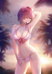 Rule 34 | 1girl, arm behind head, backlighting, bad id, bad pixiv id, bikini, blurry, blurry background, bow, breasts, cleavage, collarbone, contrapposto, fate/grand order, fate (series), groin, hair over one eye, highres, large breasts, looking at viewer, mash kyrielight, mash kyrielight (swimsuit of perpetual summer), mouth hold, navel, necoring862, official alternate costume, outdoors, purple eyes, purple hair, red bow, short hair, solo, standing, swimsuit, untied bikini, white bikini
