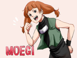 Rule 34 | 1girl, :d, bad id, bad pixiv id, beige background, black eyes, black shirt, boruto: naruto next generations, character name, clenched hand, earrings, green vest, hair between eyes, hand on own hip, highres, jewelry, kazamatsuri moegi, long hair, naruto (series), open mouth, orange hair, pinoko (pnk623), ring, shirt, simple background, single earring, sleeveless, smile, solo, teeth, twintails, v-shaped eyebrows, vest
