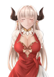 Rule 34 | 10s, 1girl, alicia (granblue fantasy), arms behind back, blunt bangs, blush, bow, breasts, center opening, cleavage, closed eyes, cross, cross earrings, draph, dress, earrings, eyebrows, eyelashes, frilled sleeves, frills, granblue fantasy, hair intakes, highres, imminent kiss, incoming kiss, jewelry, large breasts, long hair, parted lips, pointy ears, red bow, red dress, short sleeves, silver hair, simple background, solo, terry (pixiv3274443), upper body, white background