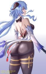 Rule 34 | 1girl, absurdres, ahoge, ass, ausoh, bare shoulders, blue hair, blush, bodysuit, breasts, detached sleeves, from behind, ganyu (genshin impact), genshin impact, gloves, highres, horns, huge ass, large breasts, leotard, long hair, looking at viewer, looking back, pantyhose, purple eyes, shiny clothes, shiny skin, sideboob, solo, very long hair, waist cape