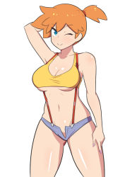 Rule 34 | 1girl, adapted costume, aqua eyes, armpits, asymmetrical hair, bare arms, bare legs, bare shoulders, blush, breast slip, breasts, cleavage, condom, cowboy shot, creatures (company), dd (giogio99), denim, denim shorts, game freak, gym leader, highres, large breasts, legs, looking at viewer, misty (pokemon), navel, nintendo, one eye closed, orange hair, pokemon, pokemon (anime), pokemon (classic anime), ponytail, shirt, short hair, short shorts, shorts, side ponytail, simple background, smile, solo, standing, tank top, thick thighs, thighs, underboob, white background, white shirt, wide hips, wink
