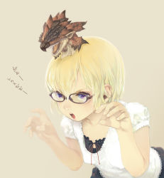 Rule 34 | 1girl, blonde hair, blouse, blue eyes, breasts, capcom, dragon, glasses, lace, monster hunter (series), rathalos, scales, shirt, simple background, small breasts, solo, tamura tatsuya, teeth, translation request, upper teeth only, white shirt, wyvern