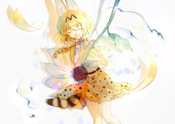 Rule 34 | 10s, 1girl, animal ears, bad id, bad pixiv id, belt, blonde hair, bow, bowtie, breasts, closed eyes, hair between eyes, kaeki, kemono friends, medium breasts, own hands together, petals, serval (kemono friends), serval print, serval tail, shirt, short hair, skirt, sleeveless, sleeveless shirt, solo, tail, transparent flower, white background, white shirt, yellow skirt, zoom layer