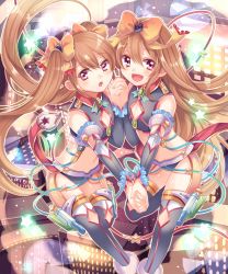 Rule 34 | 2girls, brown hair, detached sleeves, flat chest, holding hands, long hair, multiple girls, red eyes, senjou no electro girl, shina shina, thighhighs