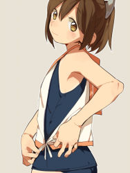 Rule 34 | 10s, 1girl, armpits, black one-piece swimsuit, blouse, brown eyes, brown hair, cowboy shot, d.y.x., i-401 (kancolle), kantai collection, one-piece swimsuit, one-piece tan, orange sailor collar, ponytail, sailor collar, school swimsuit, shirt, short ponytail, simple background, sleeveless, sleeveless shirt, solo, swimsuit, swimsuit under clothes, tan, tanline, tying, white background, white shirt