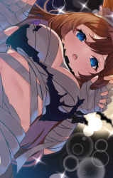 Rule 34 | 1girl, animal ears, bandaged arm, bandages, black shirt, blue eyes, blush, breasts, brown hair, claw pose, commentary, crop top, ear ornament, half-closed eyes, halloween, halloween costume, highres, horse ears, horse girl, large breasts, lens flare, long hair, looking at viewer, lux (dera ix), midriff, official alternate costume, open mouth, sarashi, shirt, sparkle, super creek (chiffon ribbon mummy) (umamusume), super creek (umamusume), torn clothes, torn shirt, umamusume